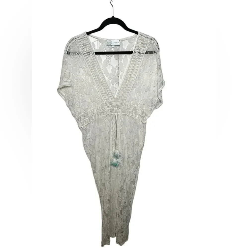 Tashia White Floral Lace Maxi Dress Crochet Trim Drawstring‎ Tassel Boho Small